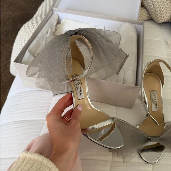 Jimmy Choo Silver Metallic Mesh Bow Slingback Heels - Picture 4 of 9